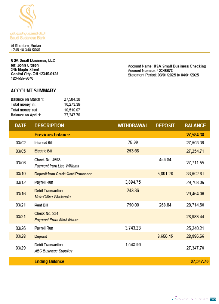 Download Sudanese Saudi Sudanese Bank business account statement Word and PDF template Photoshop template